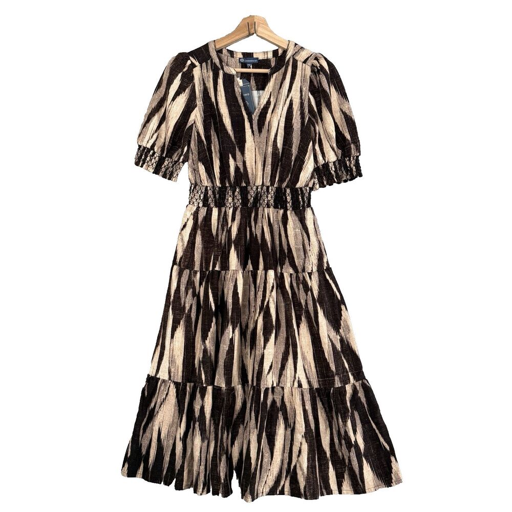 Democracy Petite XS Ikat Print Tiered Midi Dress Smocked Waist Summer